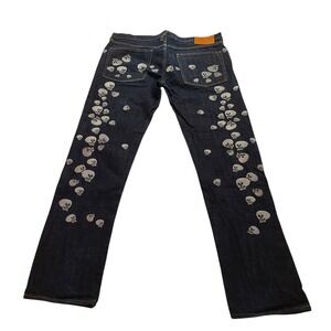 Evisu Genes Dark Wash Men's 34x31 Skull Embroidered Button Fly StraightLeg Jeans